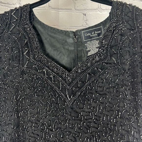 Cote d'Azur Top Evening Beaded Scallop Hem Short Sleeve Black Size Large - Picture 2 of 10